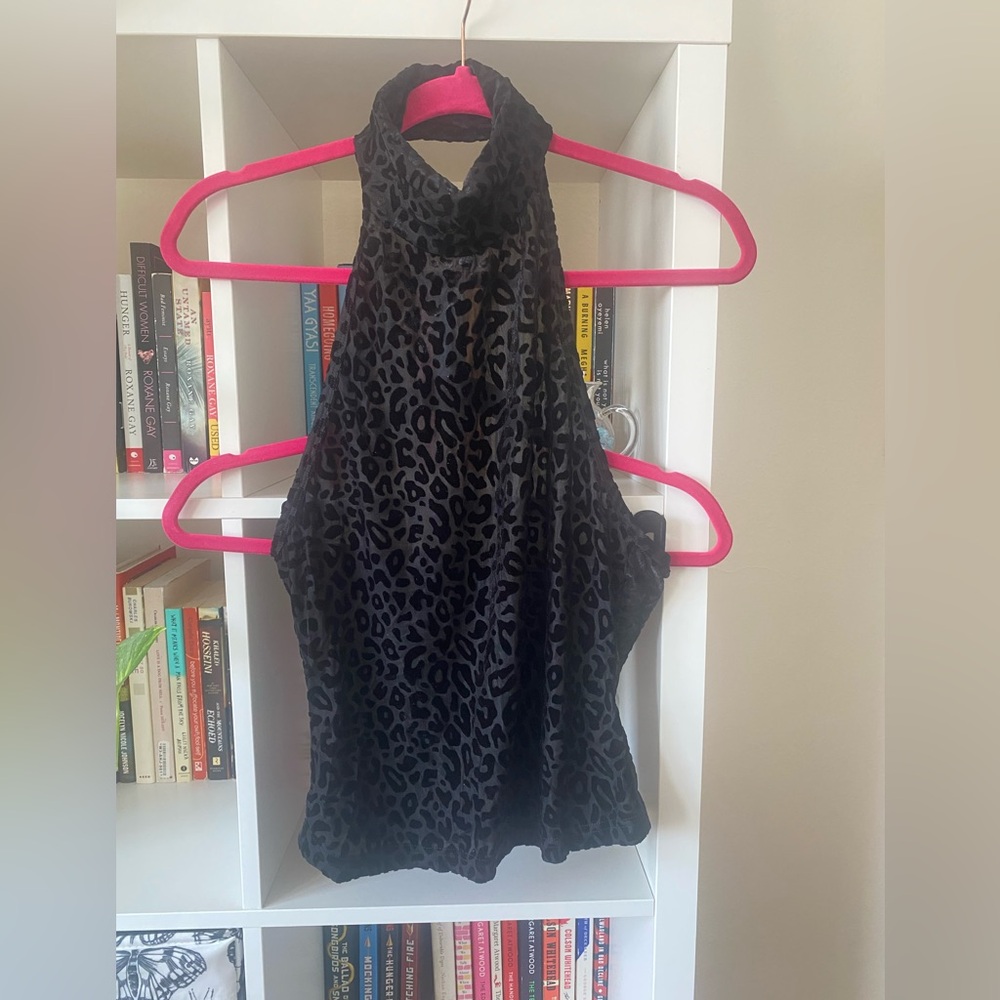 FBC Sample Mesh Leopard Mock Neck Halter Top